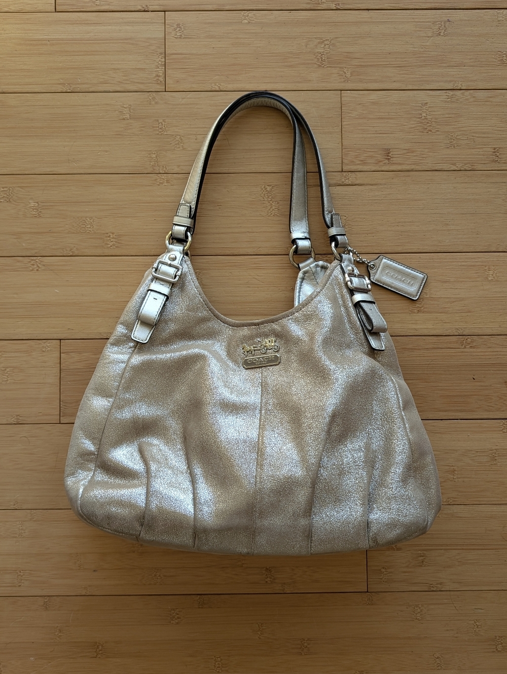 Coach Metallic Silver Leather Madison Maggie Hobo Bag